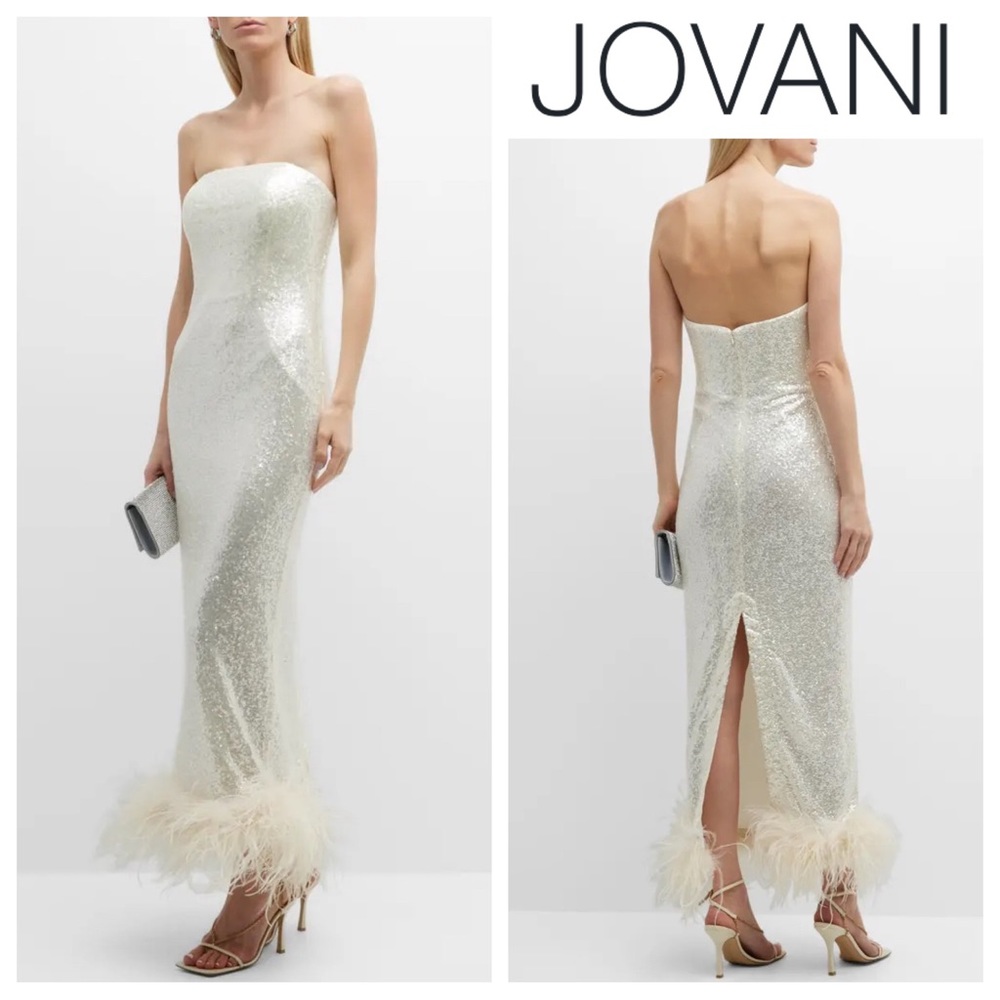 Jovani Strapless Sequin Feather-Hem Gown in Ivory